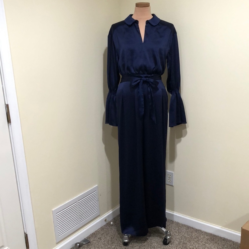 Three Floor Brigitte Jumpsuit Size US 6 Small Navy Blue Satin Ruffle Bell Sleeve - Picture 2 of 11